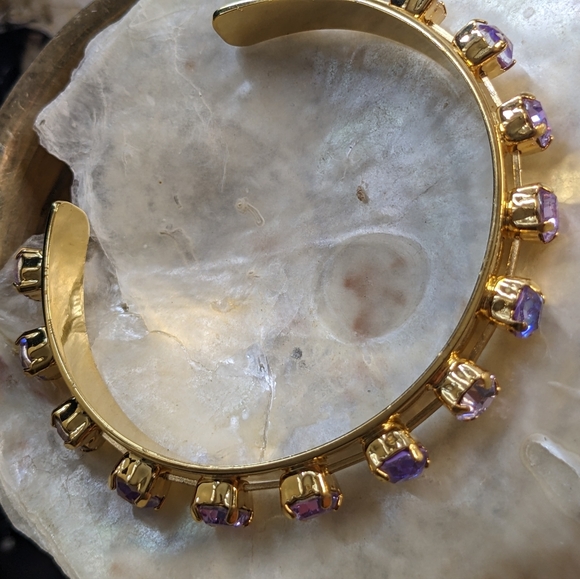 Purple Lavender Amethyst Swarovski Crystals in 14K Gold Plated Bracelet Cuff - Picture 4 of 5